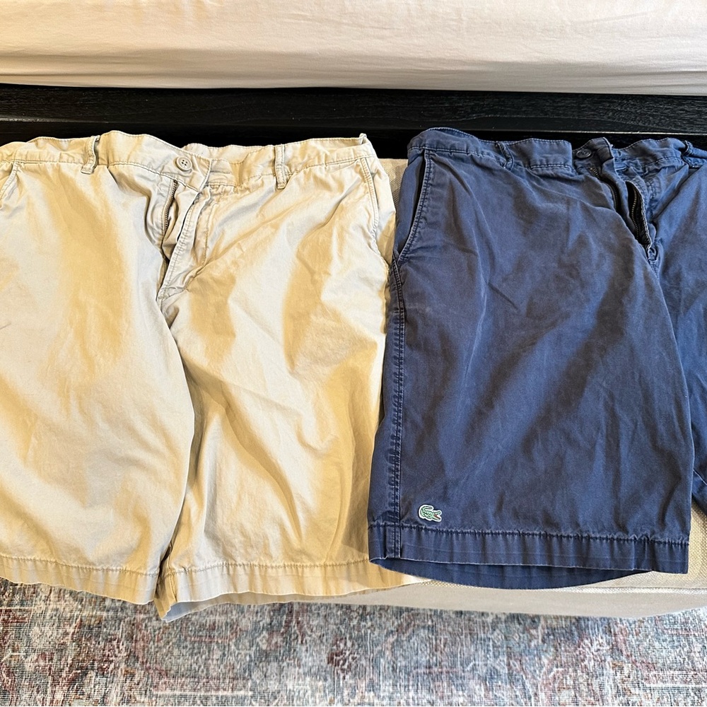 Lacoste Blue and Tan Flat Front Shorts - size 36